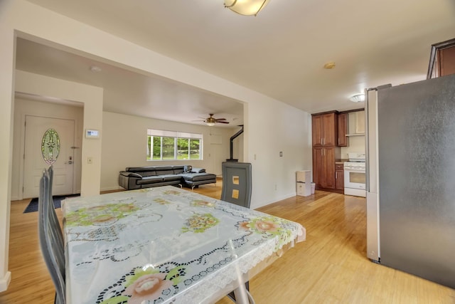 233 Vista Rd, Cresco, PA 18326 - dining space with light wood-style floors and a ceiling fan