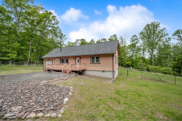 233 Vista Rd, Cresco, PA 18326 - back of house featuring crawl space, a shingled roof, and stucco siding