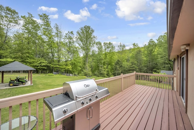 233 Vista Rd, Cresco, PA 18326 - wooden deck with a yard, grilling area, a gazebo, and a forest view