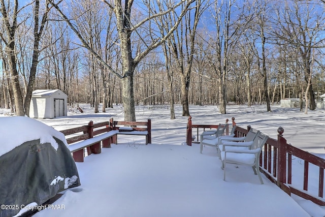 yard covered in snow with a storage unit