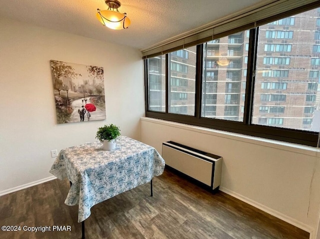 dining space featuring plenty of natural light, radiator heating unit, a textured ceiling, and wood finished floors