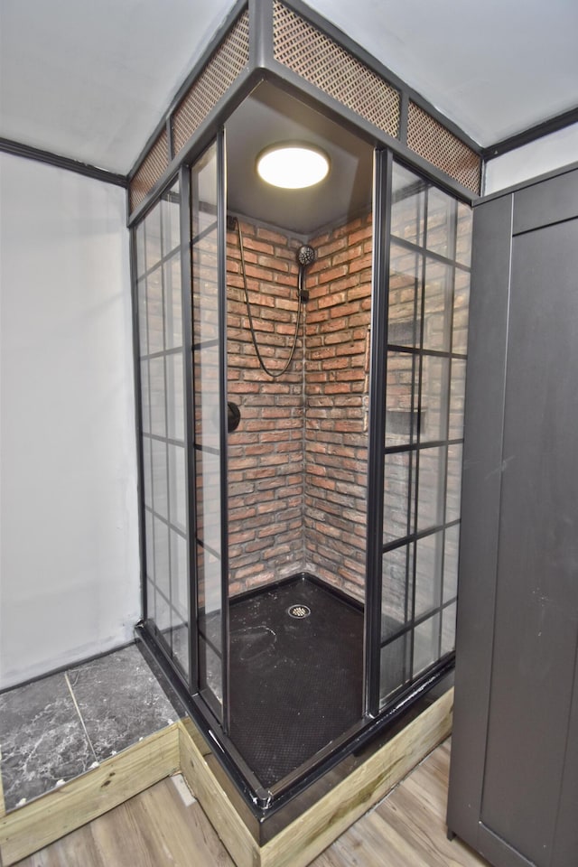 207 Shepard Ave, Delaware Water Gap, PA 18327 - bathroom with wood finished floors and a stall shower