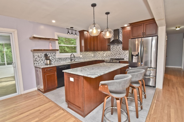 207 Shepard Ave, Delaware Water Gap, PA 18327 - kitchen featuring stainless steel fridge, wall chimney range hood, black dishwasher, light wood-type flooring, and a center island