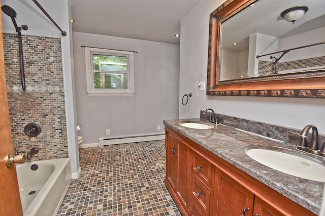 207 Shepard Ave, Delaware Water Gap, PA 18327 - bathroom featuring a baseboard radiator, double vanity, shower / tub combination, toilet, and baseboards