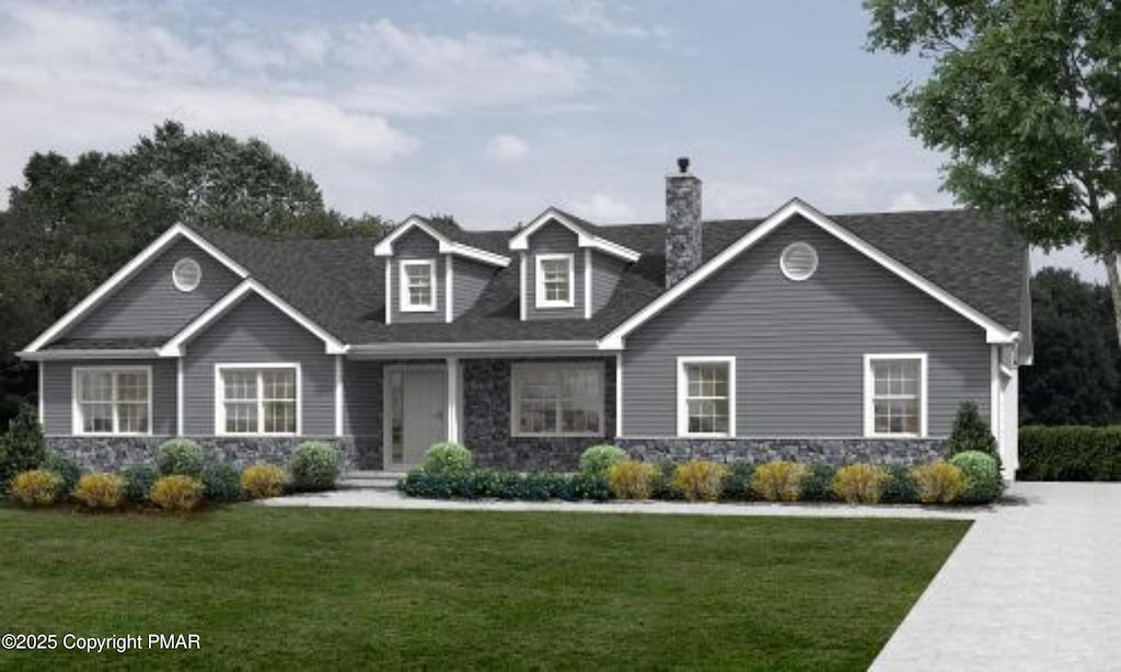 view of front of house featuring stone siding, a front lawn, and a chimney