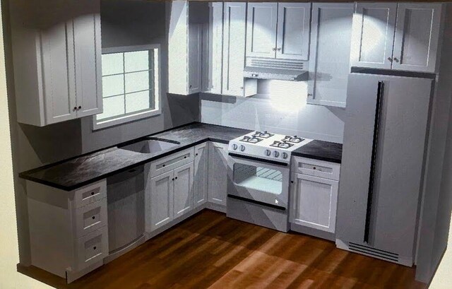 kitchen featuring extractor fan, freestanding refrigerator, a sink, dishwashing machine, and white gas range oven