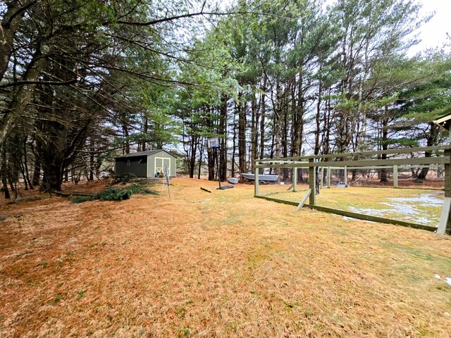 view of yard featuring a carport, an outbuilding, and a shed