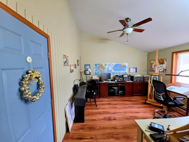 office area with lofted ceiling, ceiling fan, and wood finished floors