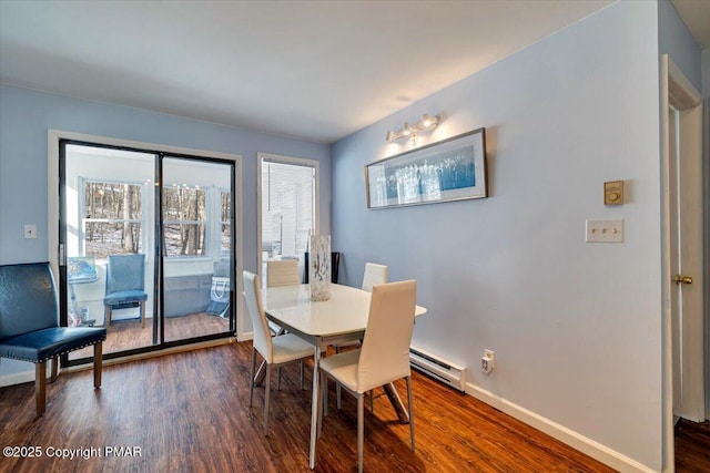 dining area featuring dark wood-type flooring and a baseboard radiator