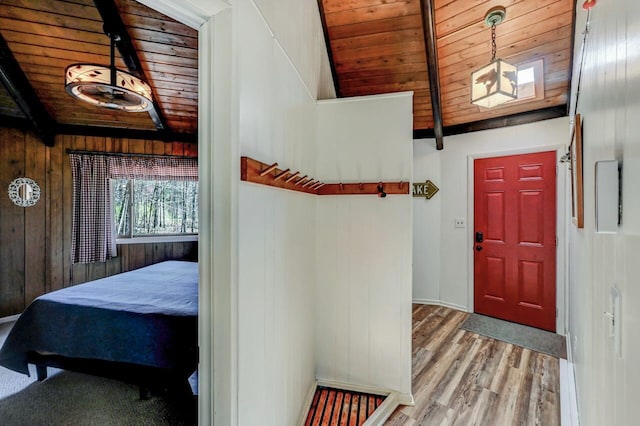 1542 Crestview Ln, Pocono Pines, PA 18350 - foyer with wood ceiling, wood finished floors, and wood walls
