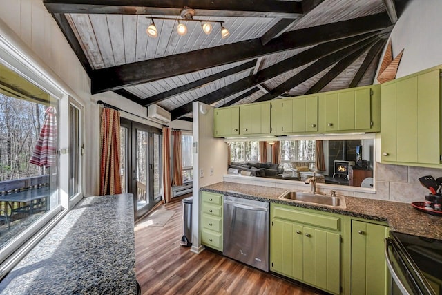 1542 Crestview Ln, Pocono Pines, PA 18350 - kitchen featuring stainless steel dishwasher, a sink, range with electric cooktop, dark wood finished floors, and decorative backsplash