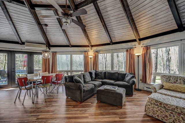 1542 Crestview Ln, Pocono Pines, PA 18350 - living room with ceiling fan, a baseboard radiator, a wall mounted AC, wood finished floors, and wooden ceiling