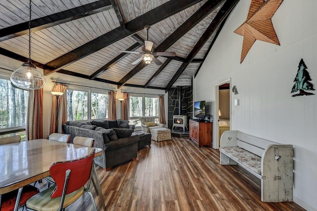 1542 Crestview Ln, Pocono Pines, PA 18350 - living area with wood finished floors, high vaulted ceiling, beamed ceiling, a ceiling fan, and wood ceiling