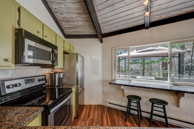 1542 Crestview Ln, Pocono Pines, PA 18350 - kitchen featuring appliances with stainless steel finishes, a baseboard heating unit, green cabinets, wooden ceiling, and dark wood-style floors