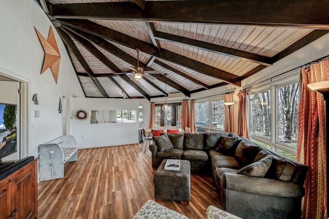 1542 Crestview Ln, Pocono Pines, PA 18350 - living room featuring wood finished floors, wooden ceiling, and a ceiling fan