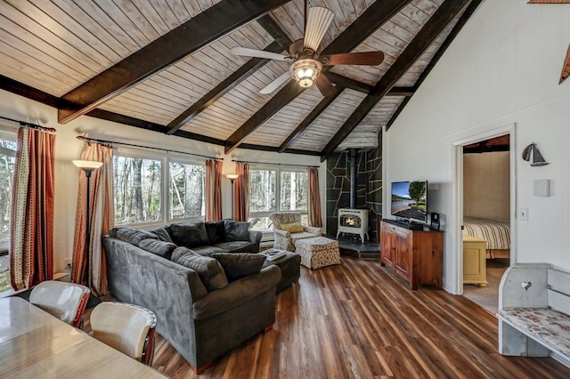 1542 Crestview Ln, Pocono Pines, PA 18350 - living area with a wood stove, wooden ceiling, high vaulted ceiling, beamed ceiling, and dark wood finished floors