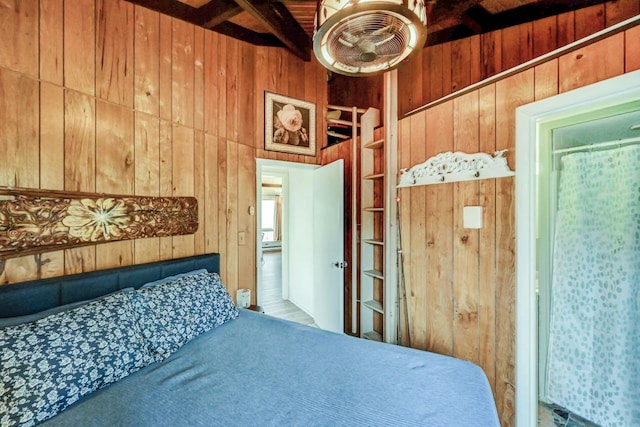 1542 Crestview Ln, Pocono Pines, PA 18350 - bedroom with wood walls and beamed ceiling