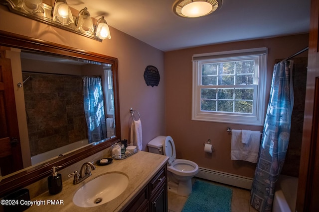 full bath with a baseboard radiator, toilet, vanity, tile patterned floors, and shower / tub combo with curtain