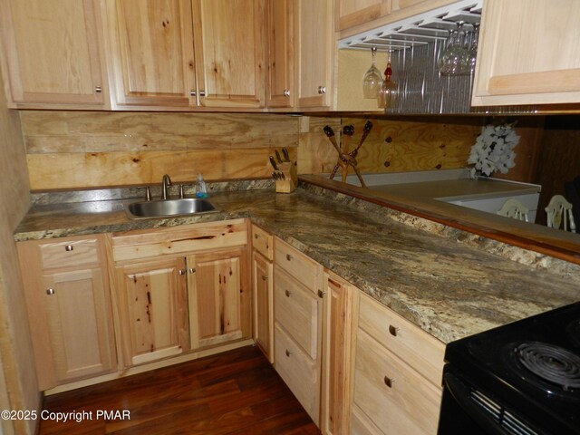 kitchen with sink, black electric range, light brown cabinetry, and dark hardwood / wood-style floors