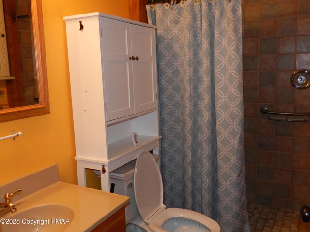 bathroom featuring vanity, toilet, and curtained shower