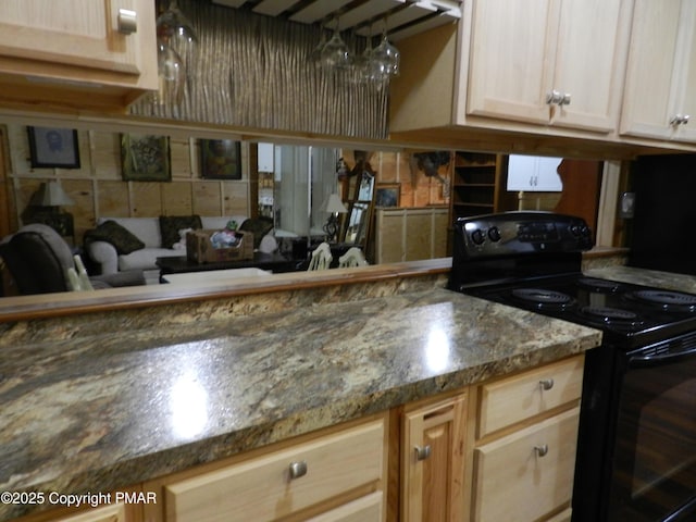 kitchen featuring dark stone countertops and black range with electric stovetop