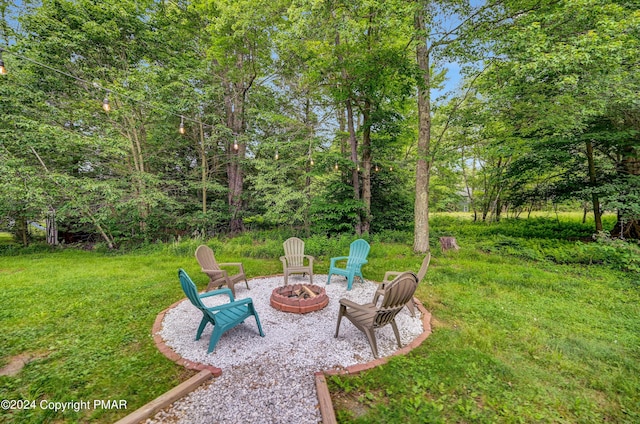 view of yard featuring a patio area and a fire pit