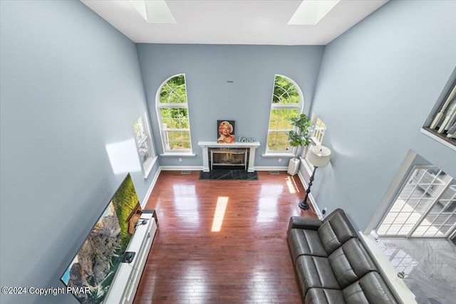 living area with hardwood / wood-style flooring, vaulted ceiling with skylight, baseboards, and a premium fireplace