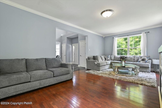 living room with hardwood / wood-style floors and ornamental molding