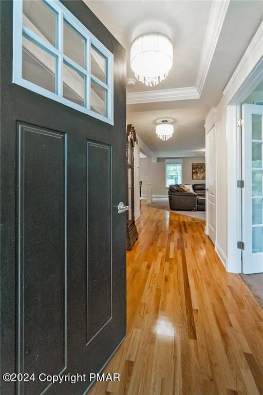 hall with baseboards, a tray ceiling, ornamental molding, and wood finished floors