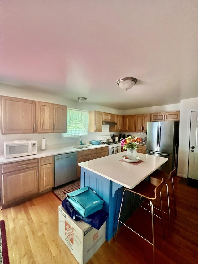 512 Bombur Ln, Tamiment, PA 18371 - kitchen featuring appliances with stainless steel finishes, a sink, light countertops, and a kitchen breakfast bar