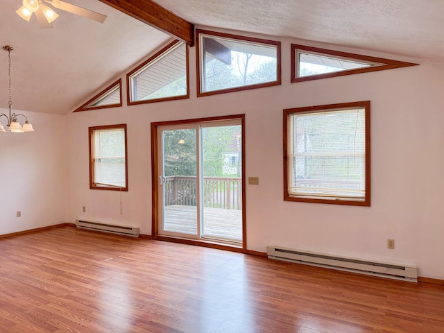 4751 Brentwood Dr, Tobyhanna, PA 18466 - unfurnished room featuring baseboard heating, a chandelier, wood finished floors, and ceiling fan