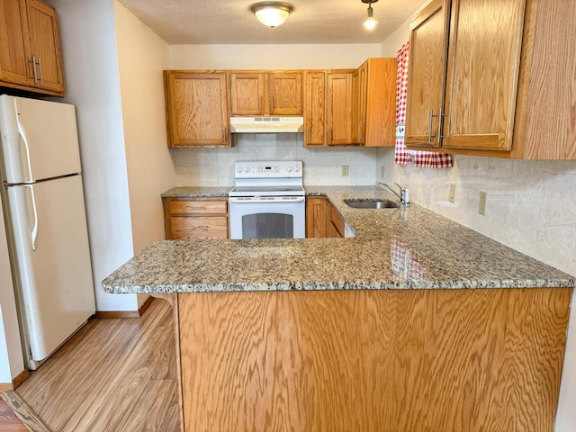 4751 Brentwood Dr, Tobyhanna, PA 18466 - kitchen featuring white appliances, under cabinet range hood, a sink, light stone counters, and light wood-style floors