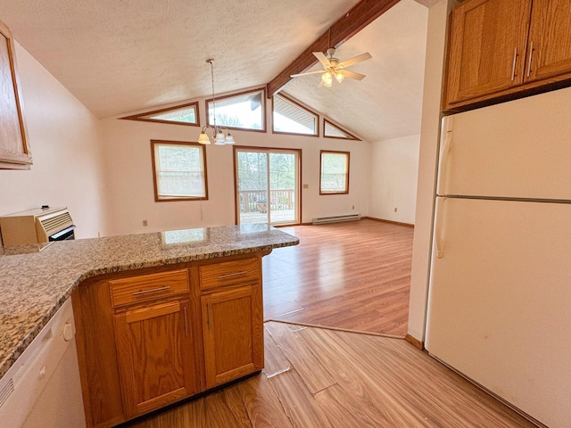 4751 Brentwood Dr, Tobyhanna, PA 18466 - kitchen featuring white appliances, light wood-type flooring, a baseboard heating unit, brown cabinetry, and a peninsula