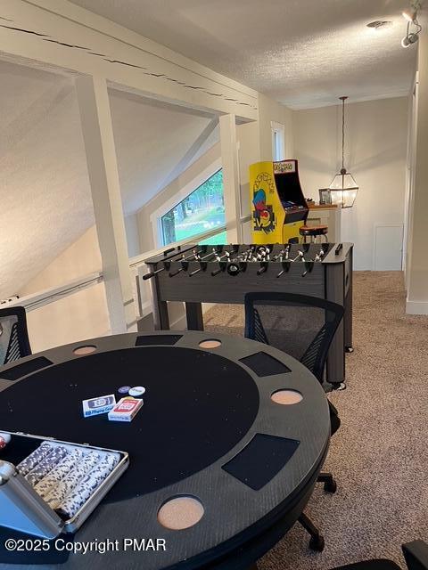 rec room featuring carpet flooring and a textured ceiling