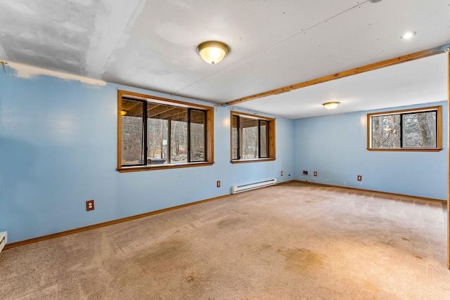 spare room featuring carpet floors, baseboards, and baseboard heating