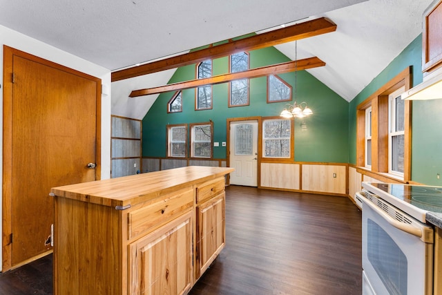 kitchen with lofted ceiling with beams, a wainscoted wall, butcher block countertops, dark wood-style floors, and white range with electric cooktop