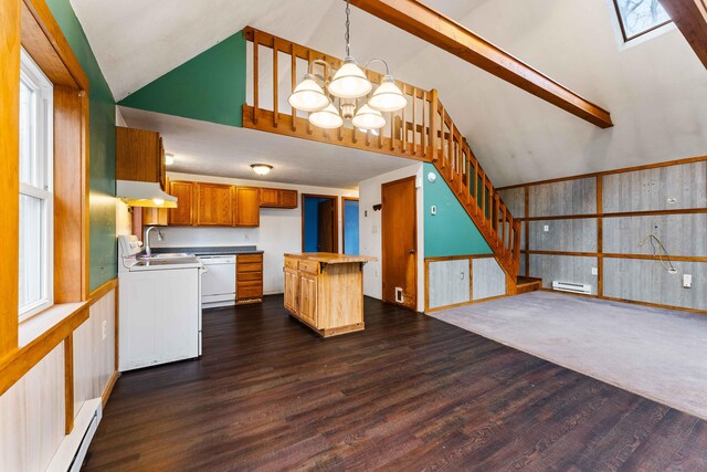 kitchen with white appliances, a skylight, baseboard heating, dark wood finished floors, and an inviting chandelier