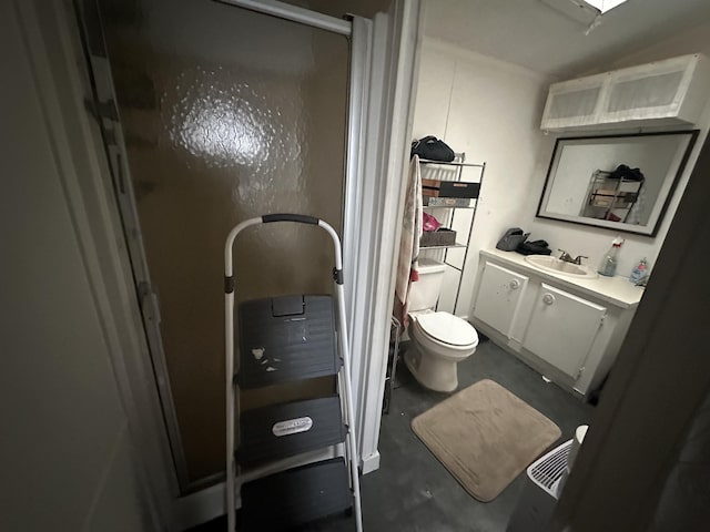 full bathroom with concrete floors, vanity, toilet, and a shower stall