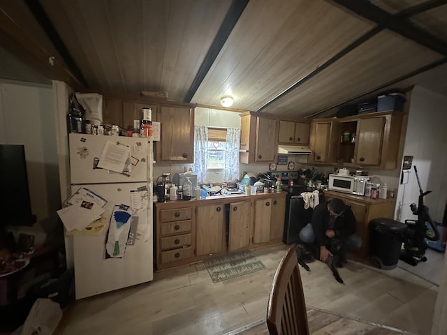 kitchen with white appliances, under cabinet range hood, and wooden ceiling