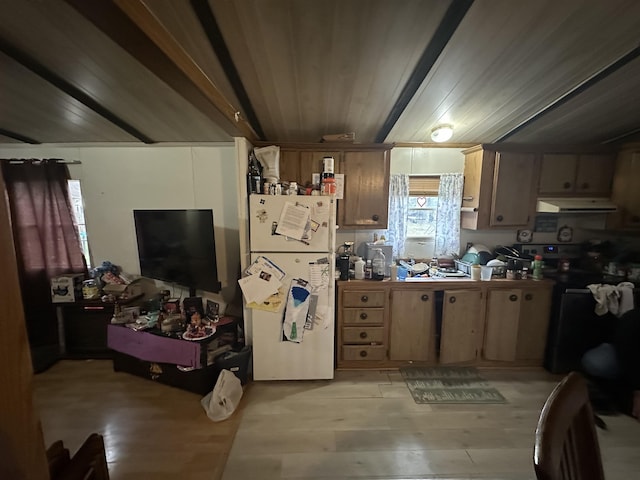 kitchen featuring freestanding refrigerator, range hood, electric stove, and light wood-style flooring