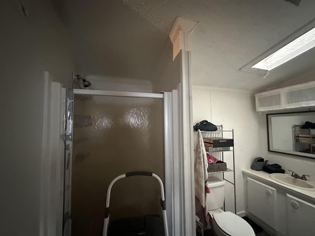 full bath with a stall shower, vanity, toilet, and a skylight