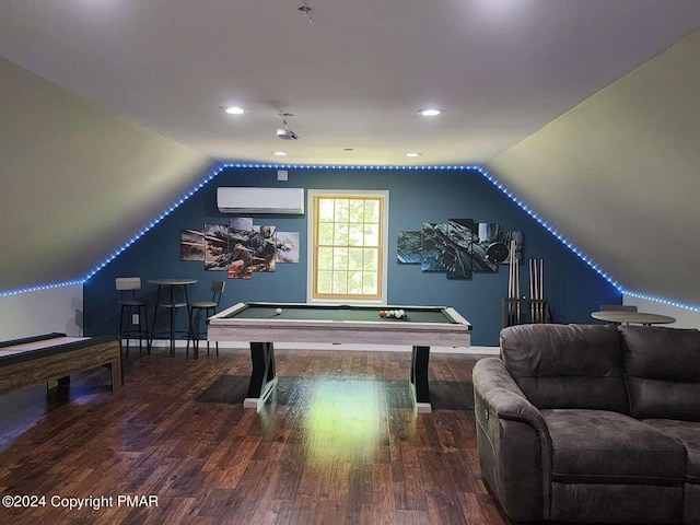 game room with wood finished floors, pool table, vaulted ceiling, a wall mounted AC, and recessed lighting