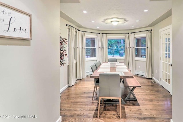 dining space featuring baseboards, baseboard heating, wood finished floors, and recessed lighting