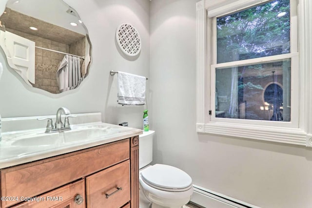 bathroom featuring a shower with shower curtain, a baseboard radiator, vanity, and toilet