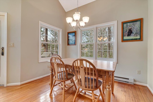 2181 Oak Hill Dr, Buck Hill Falls, PA 18323 - dining room featuring baseboards, an inviting chandelier, a baseboard radiator, vaulted ceiling, and hardwood / wood-style floors