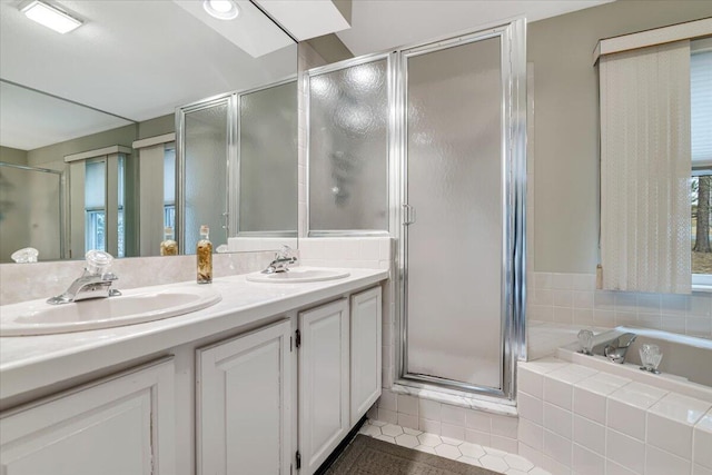 2181 Oak Hill Dr, Buck Hill Falls, PA 18323 - full bath with a shower stall, double vanity, a bath, and a sink