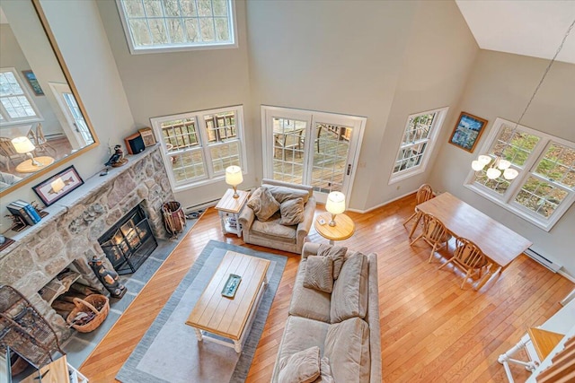 2181 Oak Hill Dr, Buck Hill Falls, PA 18323 - living area featuring plenty of natural light, wood-type flooring, a fireplace, and a high ceiling