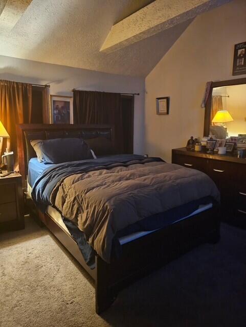 8192 Elk Ct, Tobyhanna, PA 18466 - bedroom with a textured ceiling, carpet, and lofted ceiling