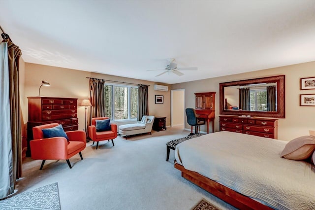 bedroom featuring an AC wall unit, a ceiling fan, and carpet floors