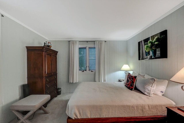 carpeted bedroom featuring ornamental molding